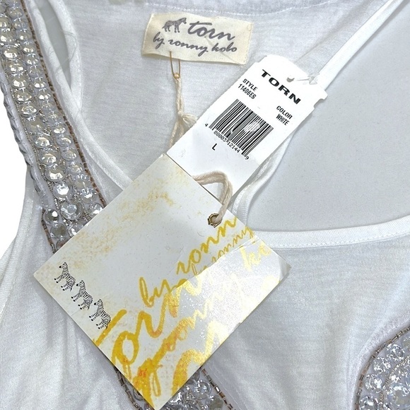 NWT Torn by Ronny Kobo Long White Tank with Rhinestones Racer Back SZ L - Picture 6 of 11